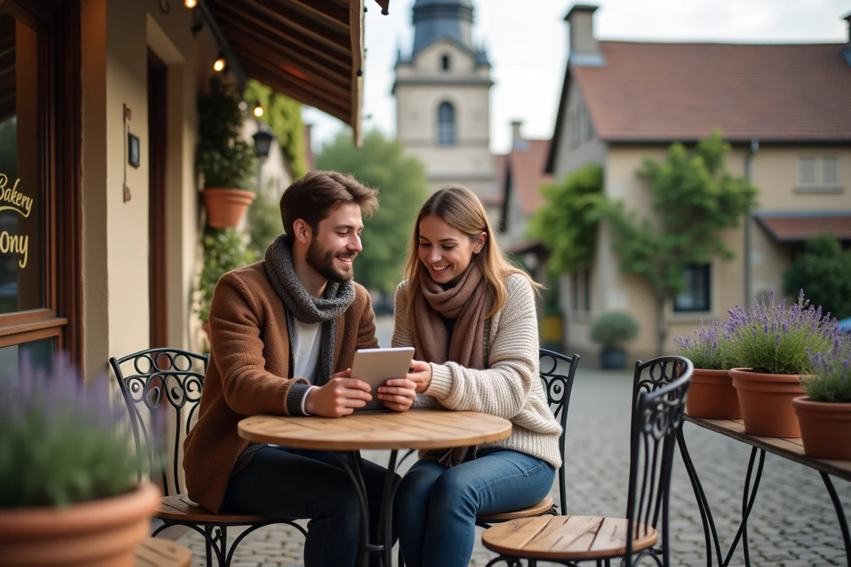 Jeune couple souriant au café devant une boulangerie