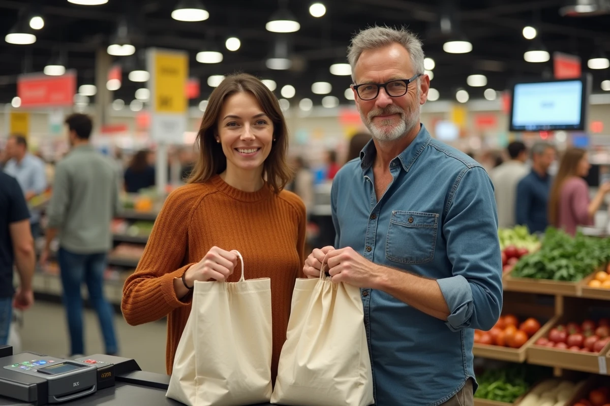 Couple déposant des sacs de courses réutilisables sur le tapis de caisse dans un magasin E Leclerc
