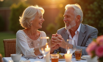 Couple mature riant lors d'un dîner en plein air