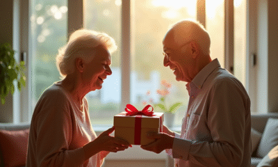 Couple d'ainés échangeant des cadeaux dans un salon lumineux