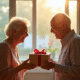 Couple d'ainés échangeant des cadeaux dans un salon lumineux