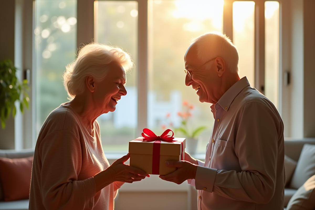 Couple d'ainés échangeant des cadeaux dans un salon lumineux