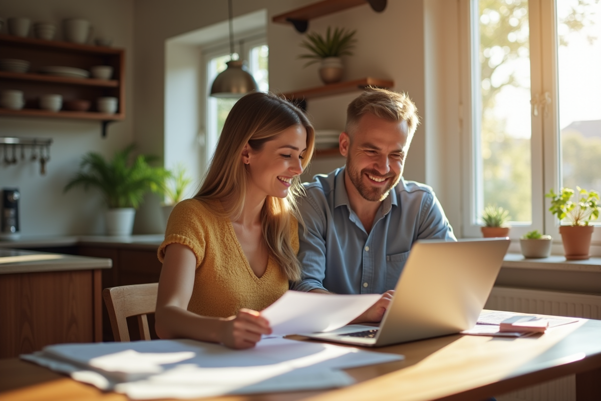 Couple souriant à la maison pour un prêt immobilier