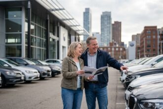 Couple discutant devant un concessionnaire automobile moderne
