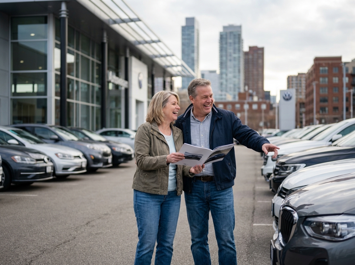 Couple discutant devant un concessionnaire automobile moderne