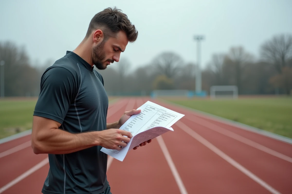 Coureur de marathon étudiant un plan d'entraînement avec conversions miles et kilomètres sur une piste d'athlétisme