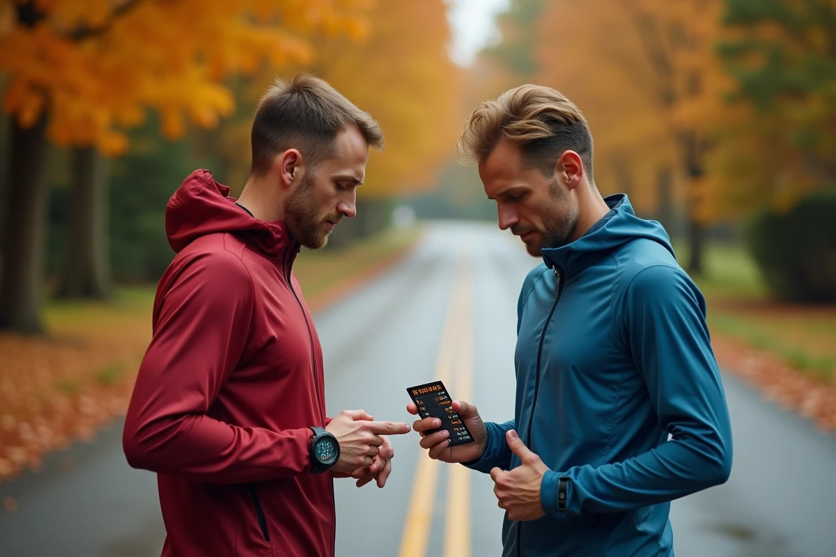 Deux coureurs consultant une montre GPS et une fiche de conversion miles-kilomètres lors d'un entraînement marathon en plein air