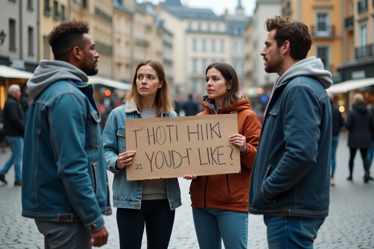 Groupe de personnes débattant dans un espace public urbain, illustrant le débat autour du cancel culture et du wokisme