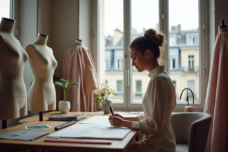 Créatrice de mode élégante dans un studio parisien lumineux