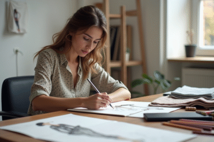 Créatrice de mode esquissant des concepts dans son atelier