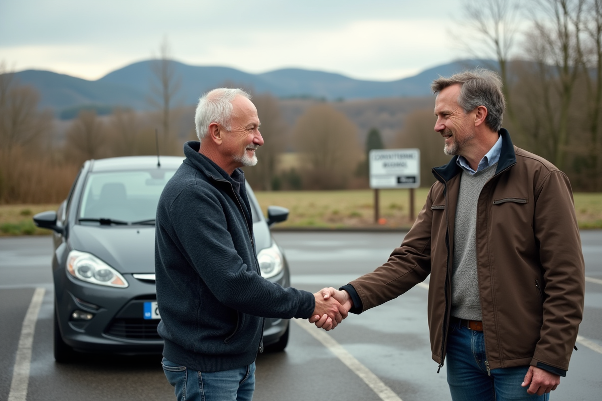 Deux hommes se serrant la main au point de covoiturage rural