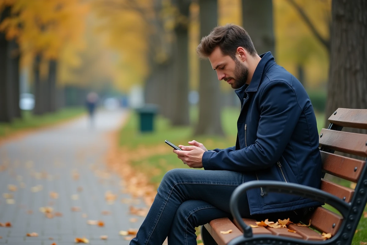 Homme consultant une application de discussion anonyme sur smartphone dans un parc en automne
