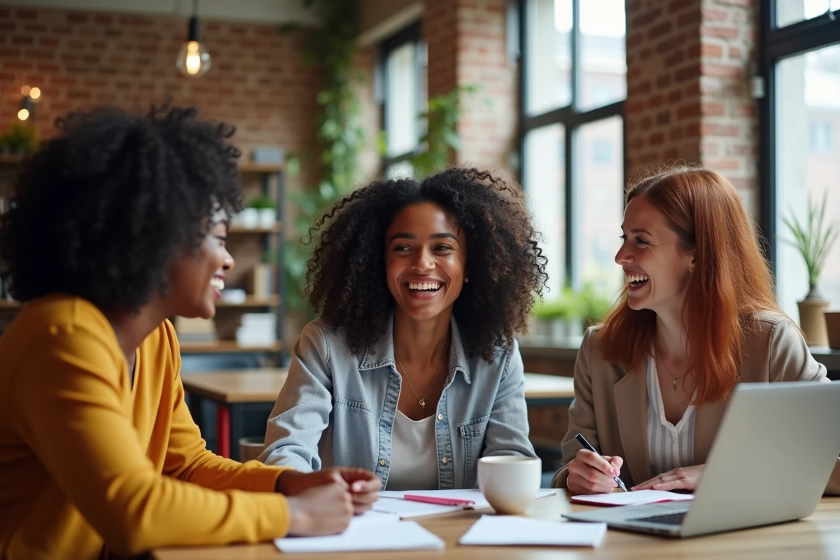 Trois femmes de cultures différentes collaborant dans un espace de travail moderne, symbolisant la diversité et le dépassement des étiquettes culturelles