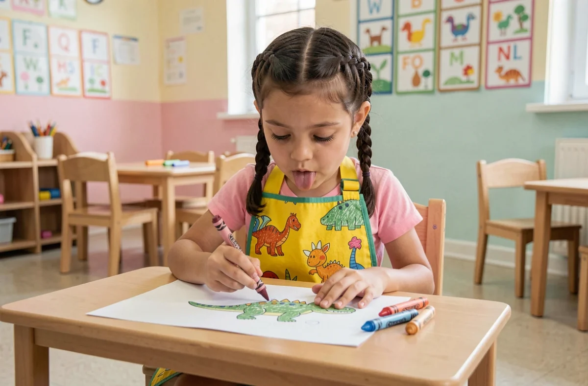 Petite fille en maternelle dessinant un dinosaure avec des crayons de couleur sur une feuille blanche