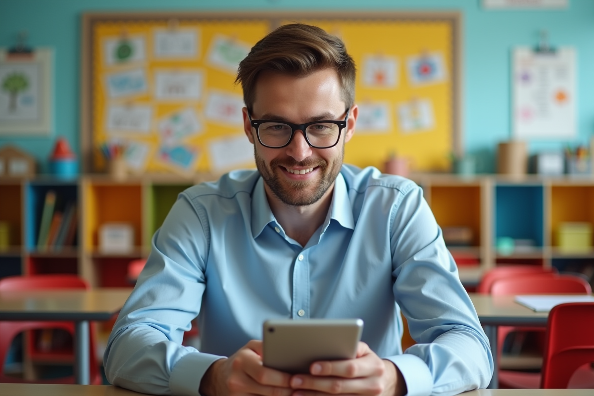 Enseignant utilisant une tablette dans une classe