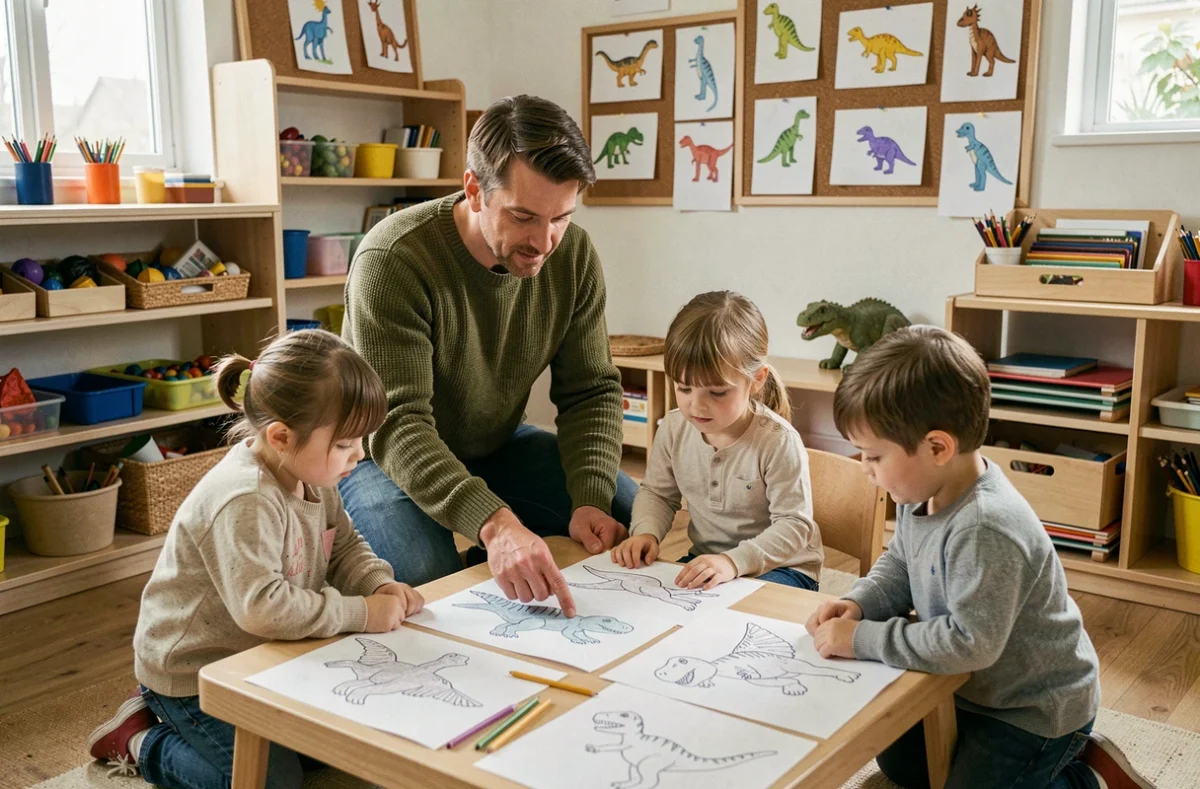 Enseignant de maternelle guidant des enfants dans la réalisation de dessins de dinosaures