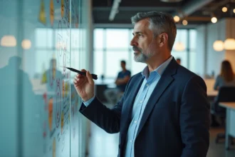 Homme d'affaires en blazer esquissant des idées sur un mur coloré