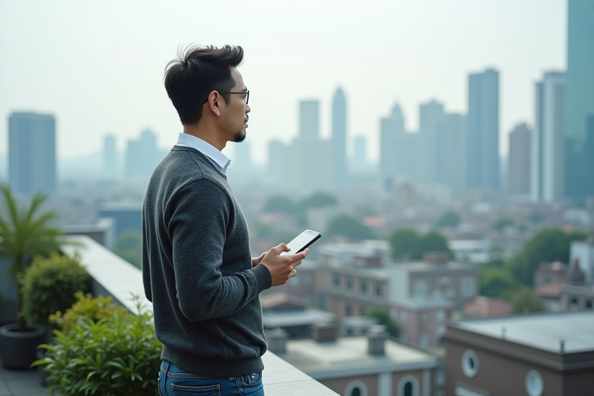 Entrepreneur asiatique regardant la ville depuis le toit