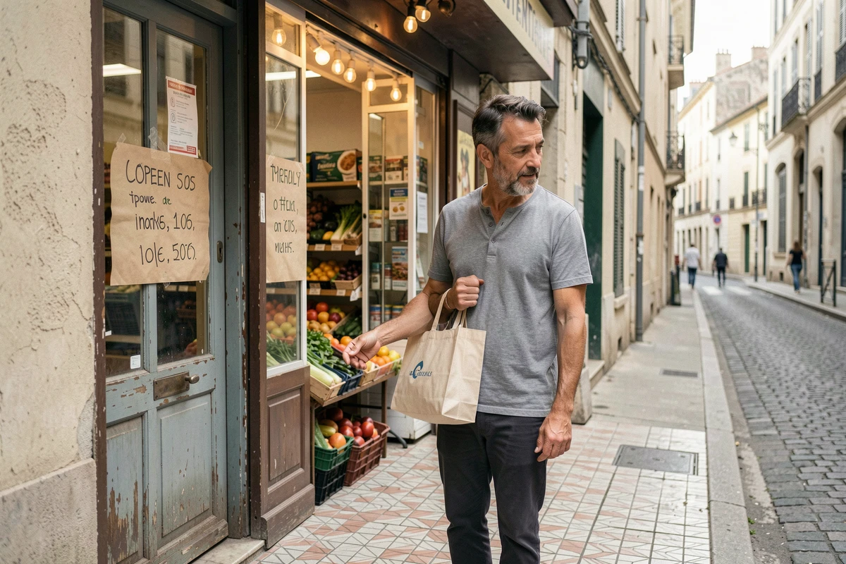 Homme devant une épicerie de quartier ouverte le dimanche à Montpellier