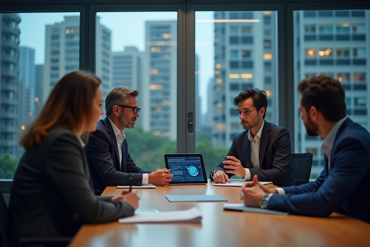 Groupe de professionnels autour d'une table avec une tablette sur l'IA