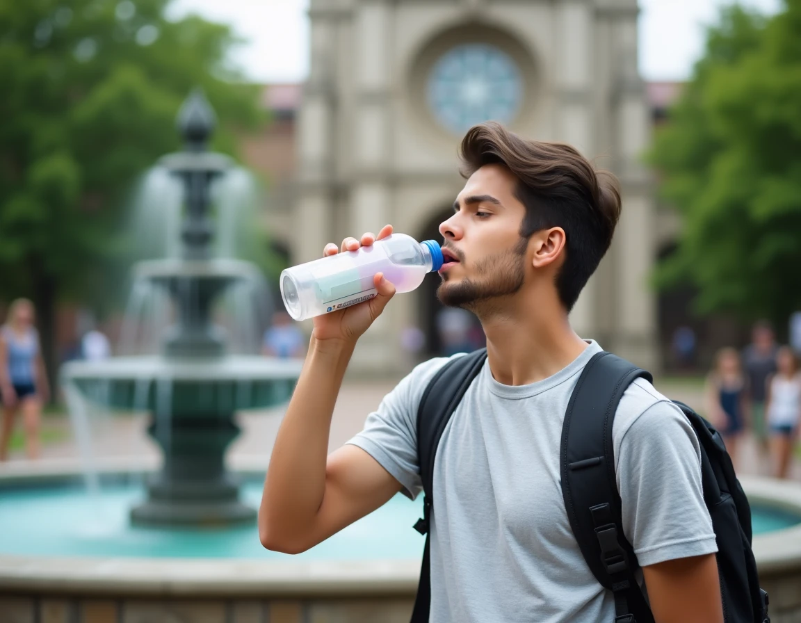 Étudiant buvant avec une bouteille Air Up sur un campus universitaire en plein air