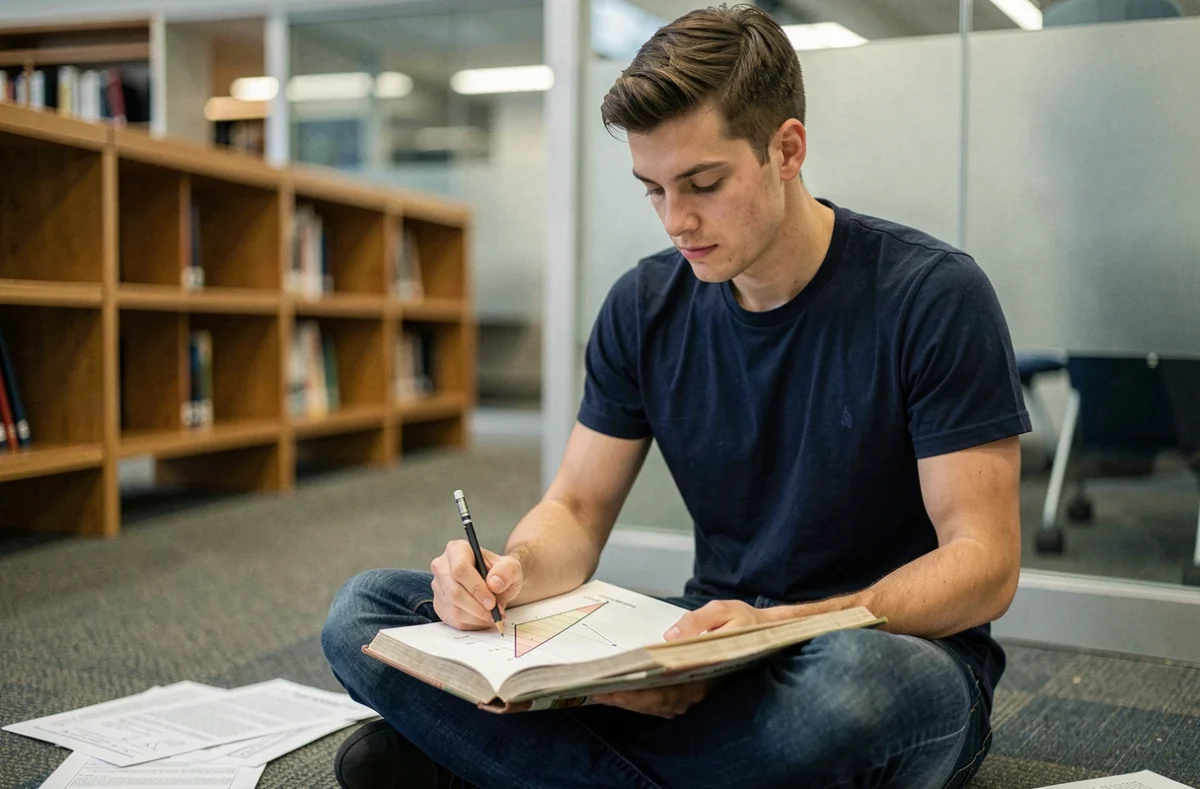 Jeune étudiant concentré sur un problème de dynamique avec un schéma de forces sur un plan incliné, assis au sol d'une bibliothèque universitaire