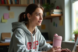 Étudiante tenant une bouteille Air Up à son bureau avec un code promo affiché sur son ordinateur portable