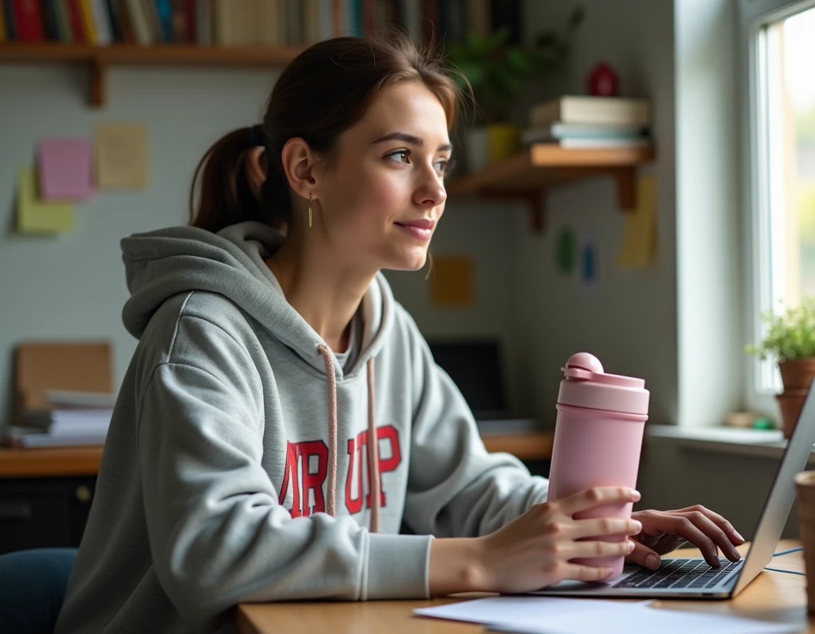Étudiante tenant une bouteille Air Up à son bureau avec un code promo affiché sur son ordinateur portable