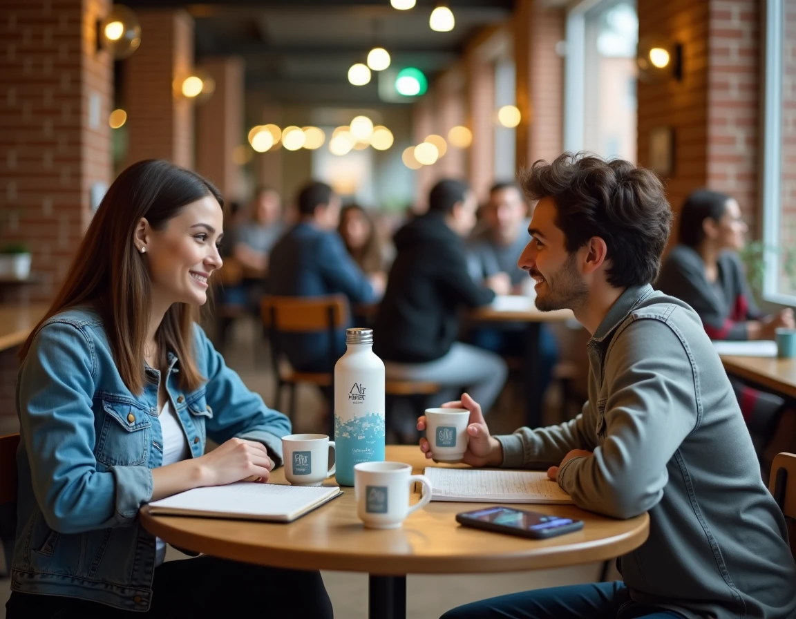 Deux étudiants comparant des codes promo Air Up autour d'une table de café universitaire