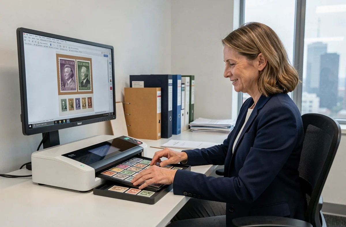 Experte en philatélie numérisant des timbres anciens avec un scanner professionnel dans un cabinet d'expertise moderne