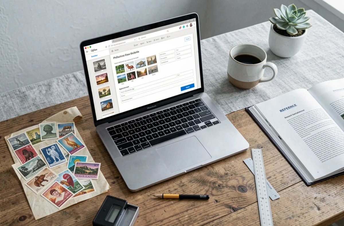 Bureau de philatéliste avec un ordinateur portable ouvert sur une plateforme d'expertise en ligne entouré de timbres vintage et d'outils de collection