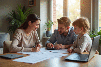 Famille moderne discutant de prêt immobilier à la maison