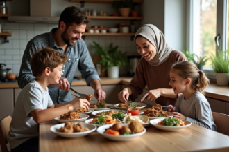 Famille multiculturelle partageant un repas convivial
