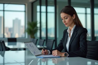 Femme d'affaires concentrée avec rapport digital