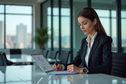 Femme d'affaires concentrée avec rapport digital