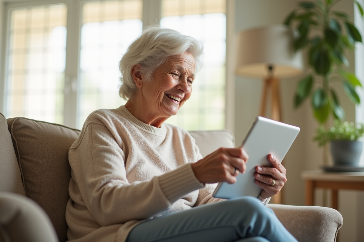 Femme agee souriante tenant une tablette dans un salon lumineux
