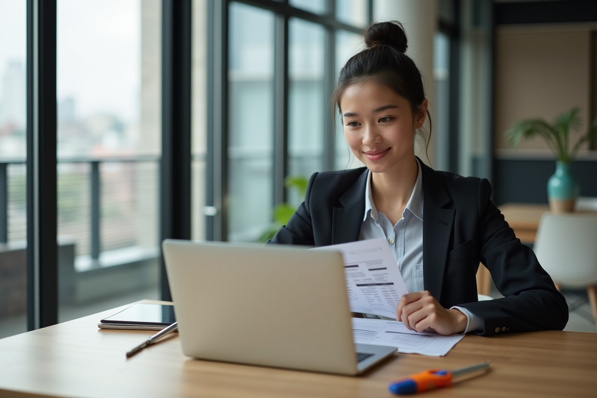 Jeune femme analysant devis renovation sur laptop