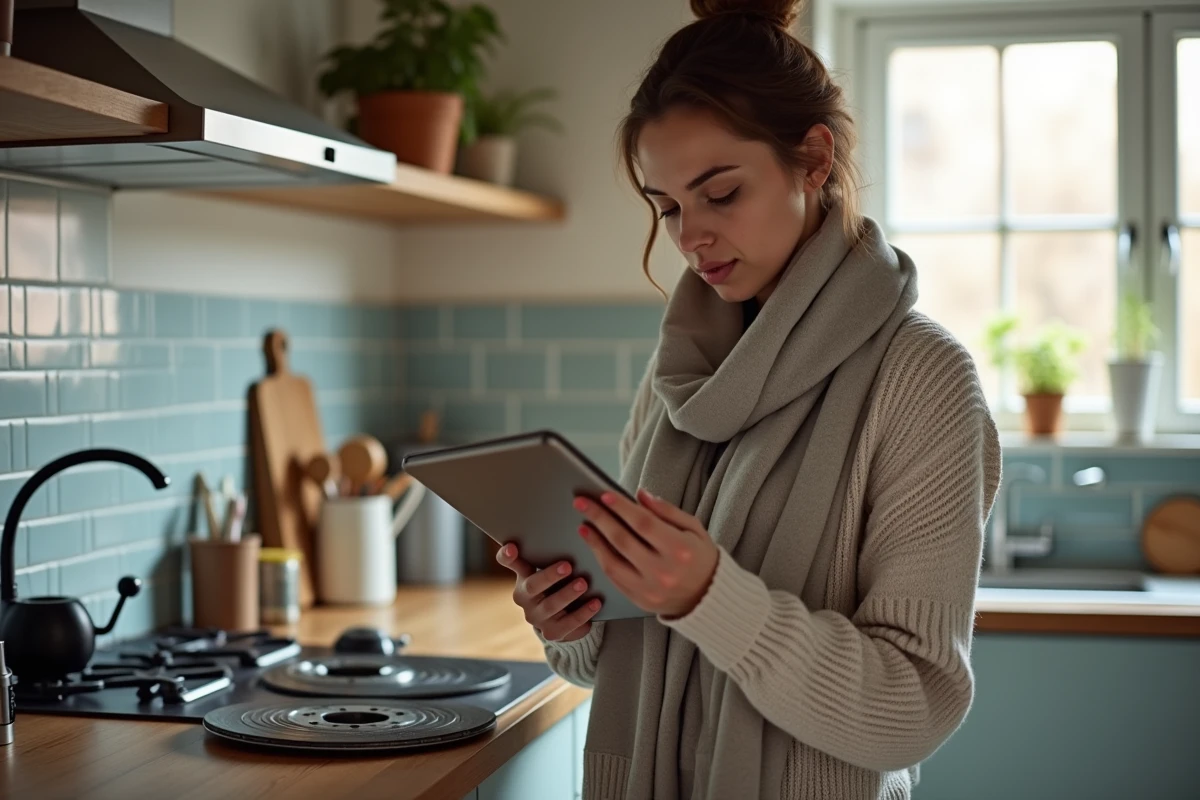 Femme comparant disques de frein sur sa tablette cuisine