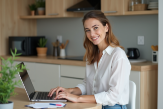 Femme souriante à la maison vérifiant son budget