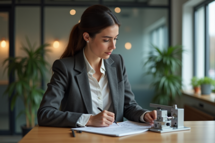 Femme d affaires examinant un levier mécanique dans un espace de coworking