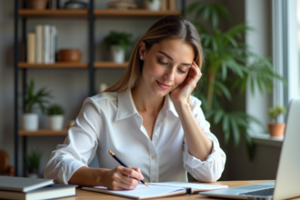 Femme en bureau moderne prenant des notes dans un planner
