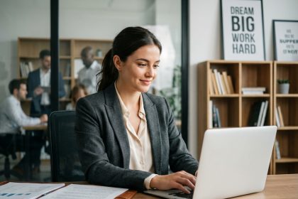 Jeune femme en blazer travaillant sur son ordinateur dans un bureau