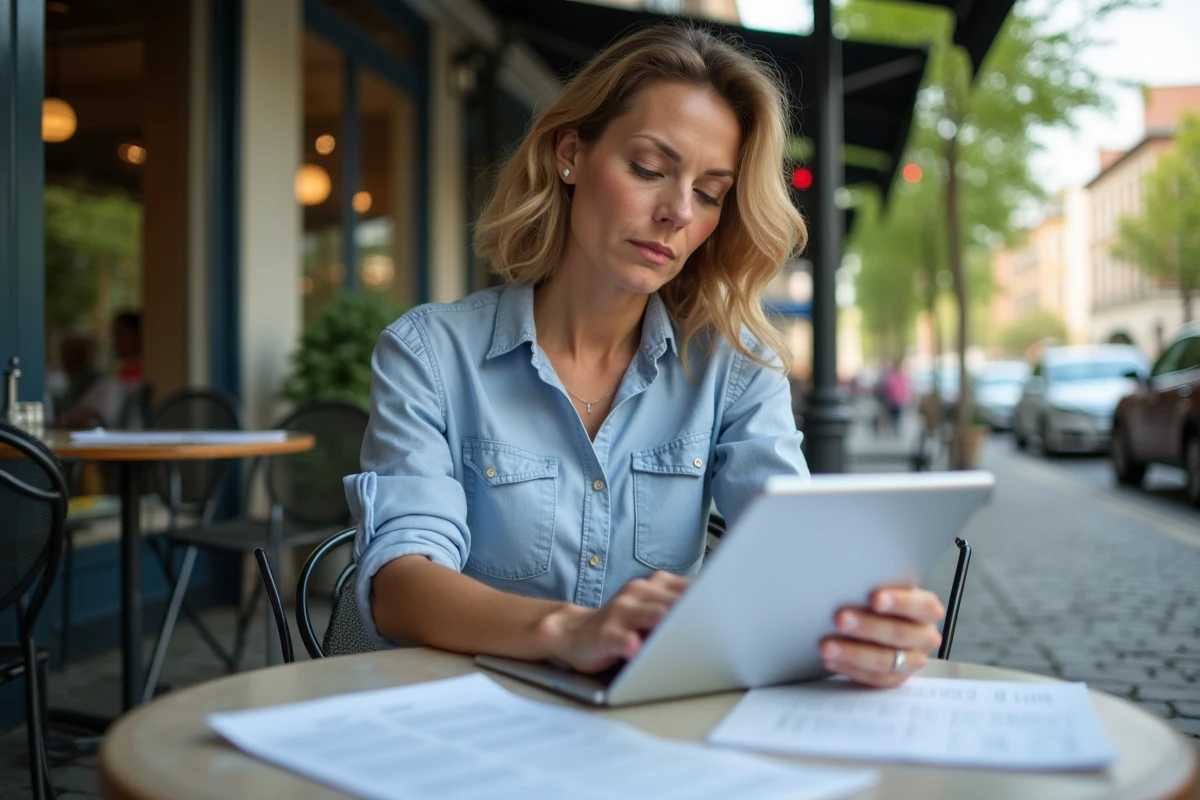 Femme assise au café en train de lire et consulter des documents