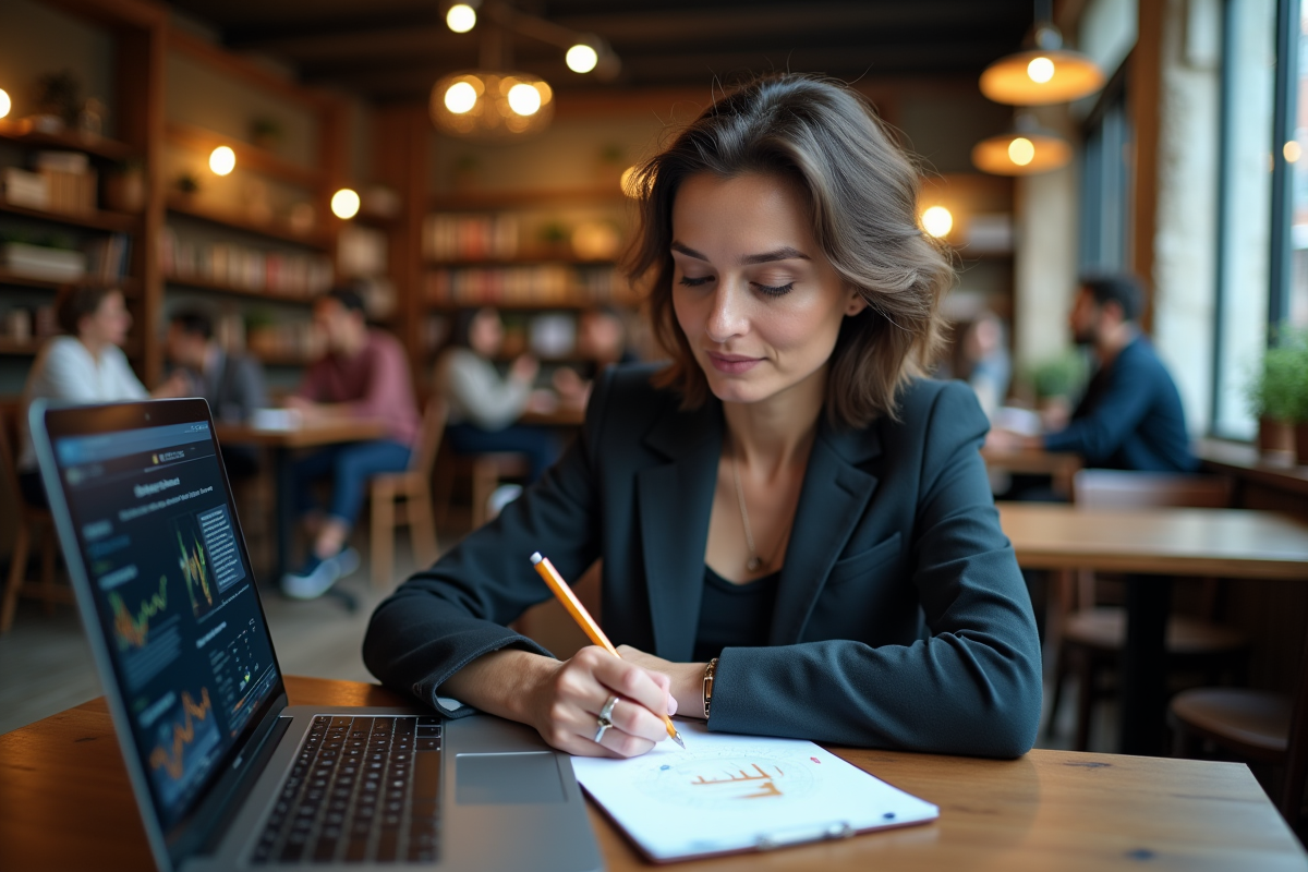 Femme écrivant dans un carnet avec un ordinateur blockchain dans un café