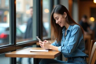 Femme assise au café en train de taper sur son smartphone