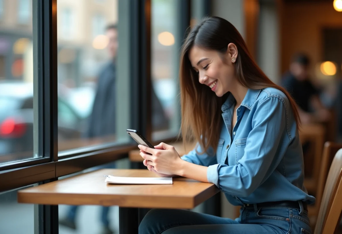Femme assise au café en train de taper sur son smartphone