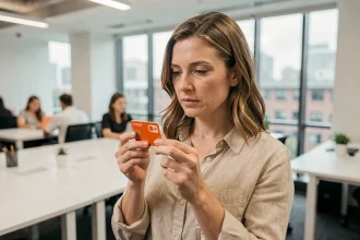 Femme tenant un forfait carte SIM Orange en analysant les différentes offres disponibles