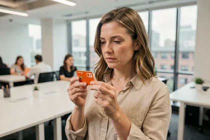 Femme tenant un forfait carte SIM Orange en analysant les différentes offres disponibles