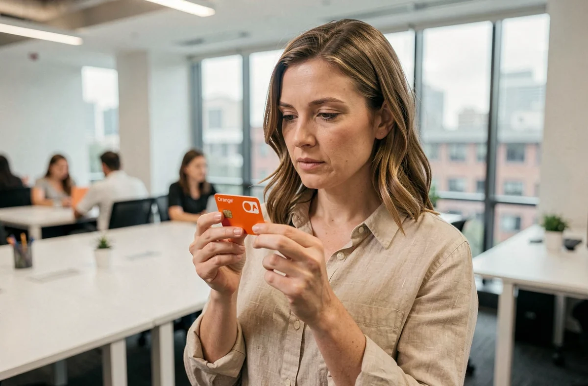 Femme tenant un forfait carte SIM Orange en analysant les différentes offres disponibles