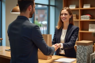 Femme souriante donnant un sac à un client dans une boutique moderne